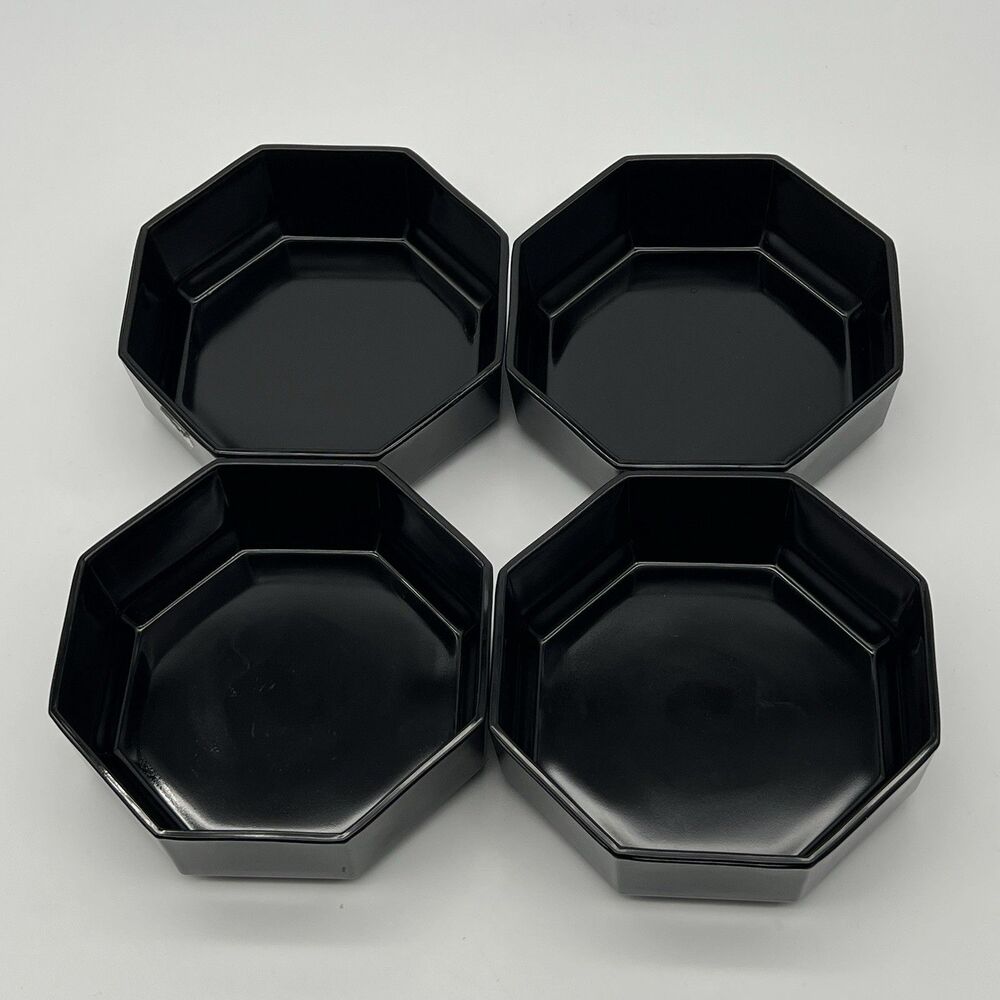 VTG Arcoroc France Octime Black Glass Octagonal 5.5 Inch Dinnerware Bowls Set 4